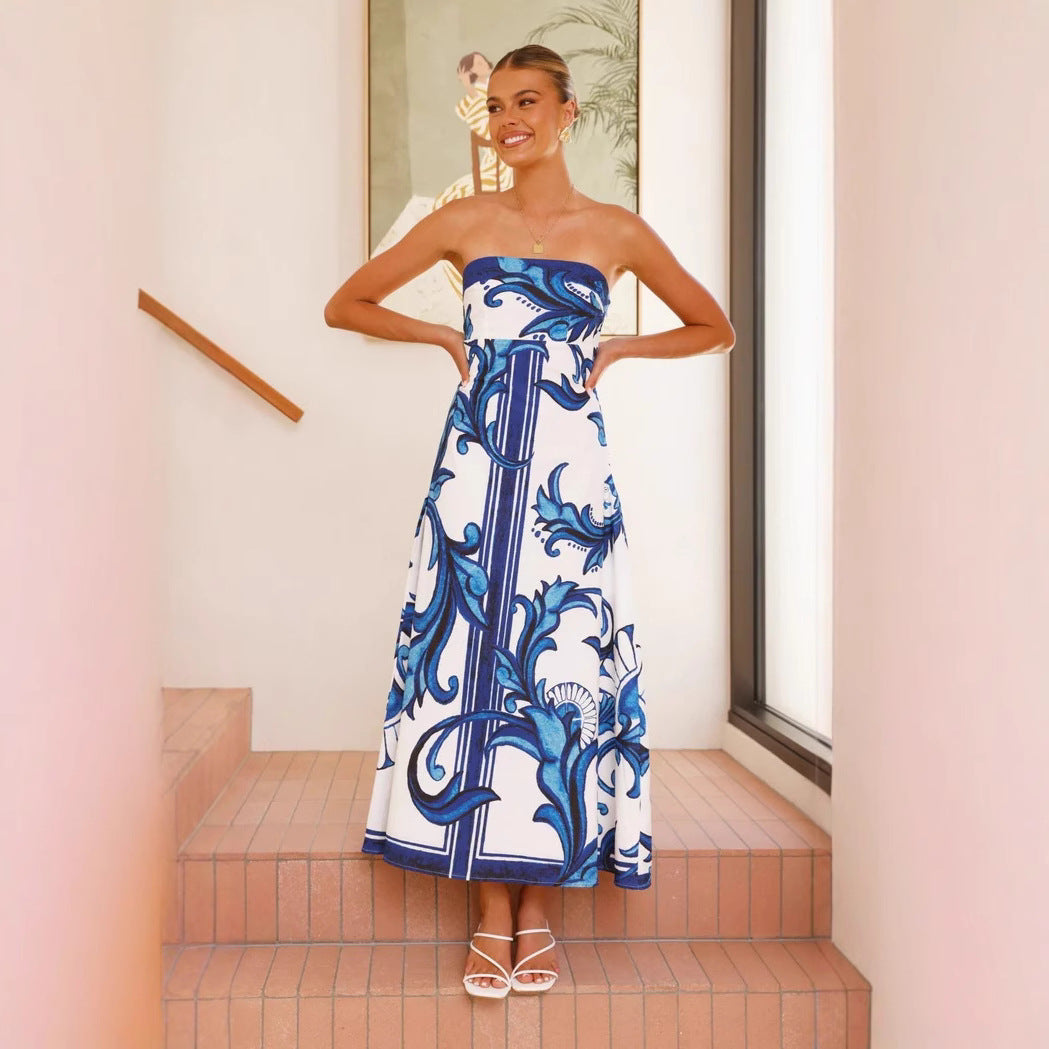Printing Hem Strap Strapless Dress