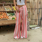 Women Clothing Summer Bohemian HW Drawstring Striped Hollow