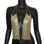 Flashing Rhinestone Deep V Plunge Chain Backless Halter Sling