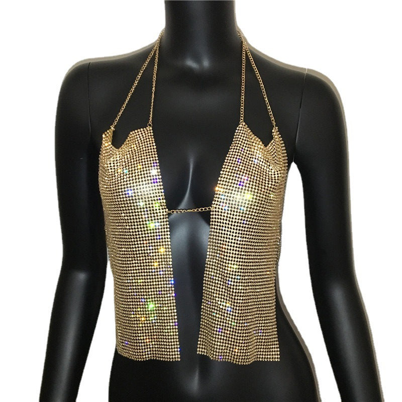 Flashing Rhinestone Deep V Plunge Chain Backless Halter Sling
