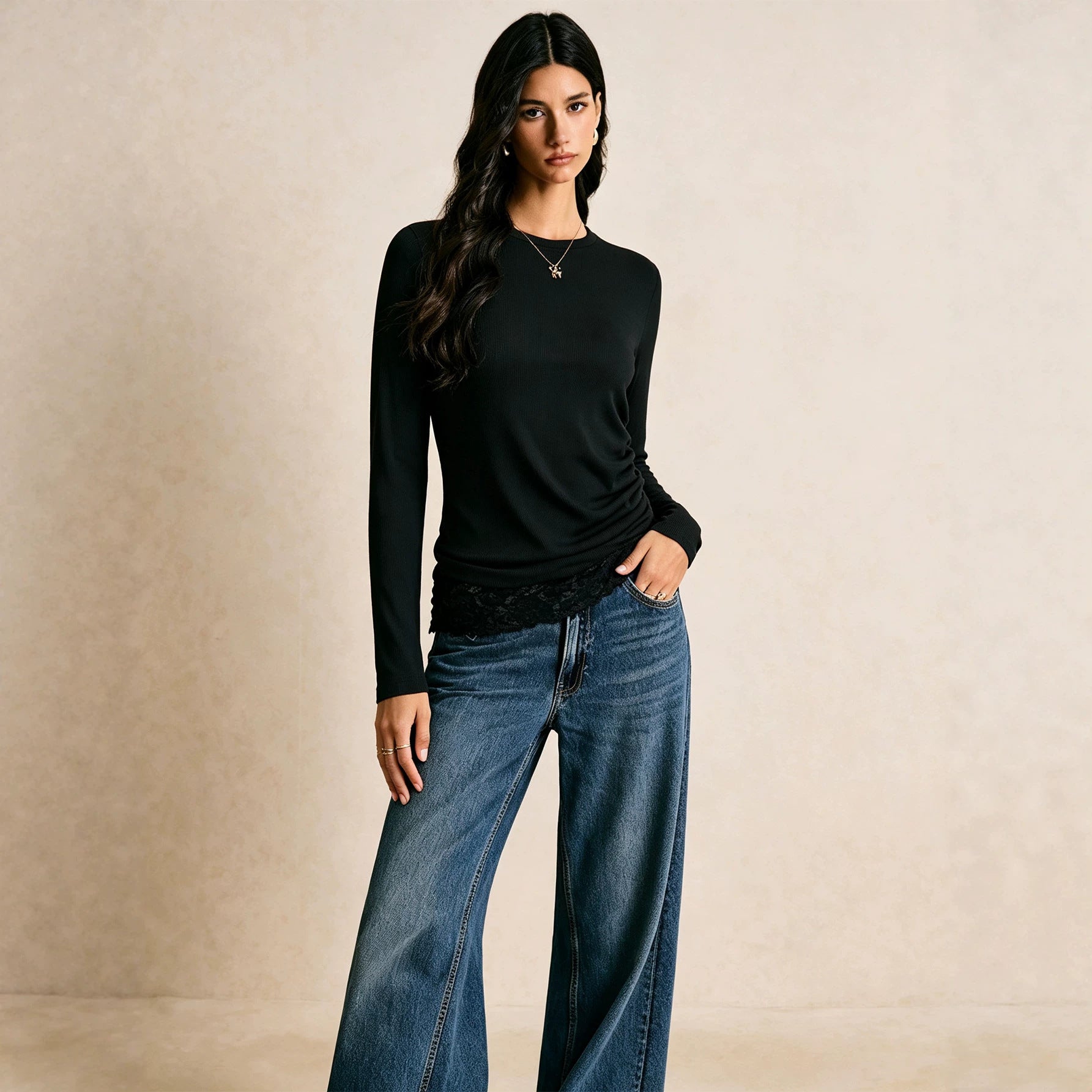 Elegant Black Long Sleeved Top Women Side Pleating Lace