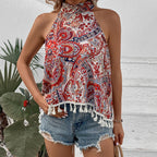 Women's Paisley Tassel Halter Crop Top