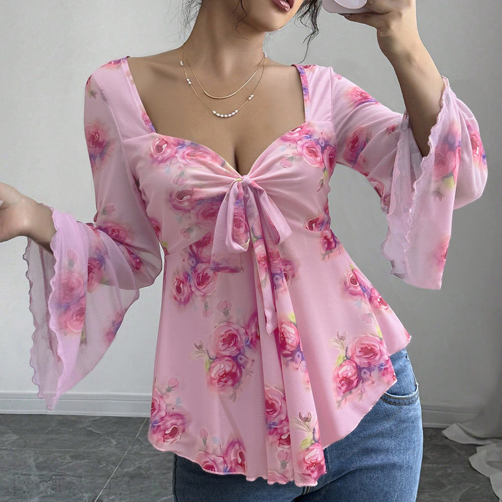 Women's Pink Floral Bow-Neck Chiffon Top