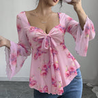 Women's Pink Floral Bow-Neck Chiffon Top