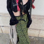 Women's Retro Printing Reverse Stitching Lace Edge Irregular Skirt