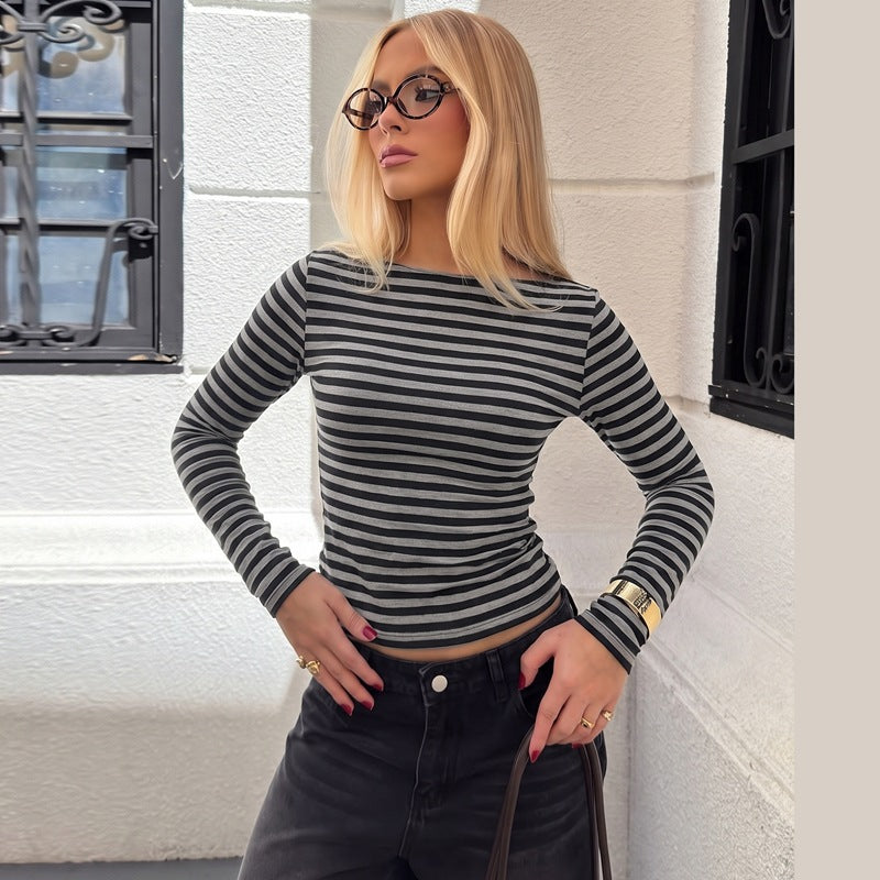Women's Women Spring Personality Round Neck Long Sleeve Striped Slim Top T Shirt
