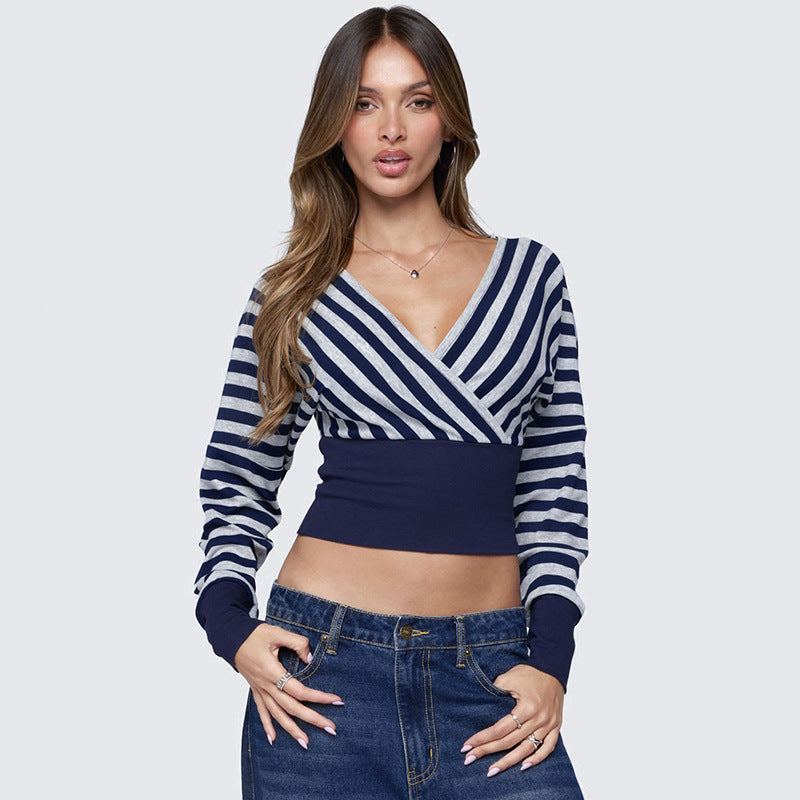 Women's Striped Lace-Sleeve Cropped Top