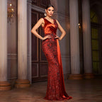 Floral Sequin V-Neck Asymmetric Maxi Dress