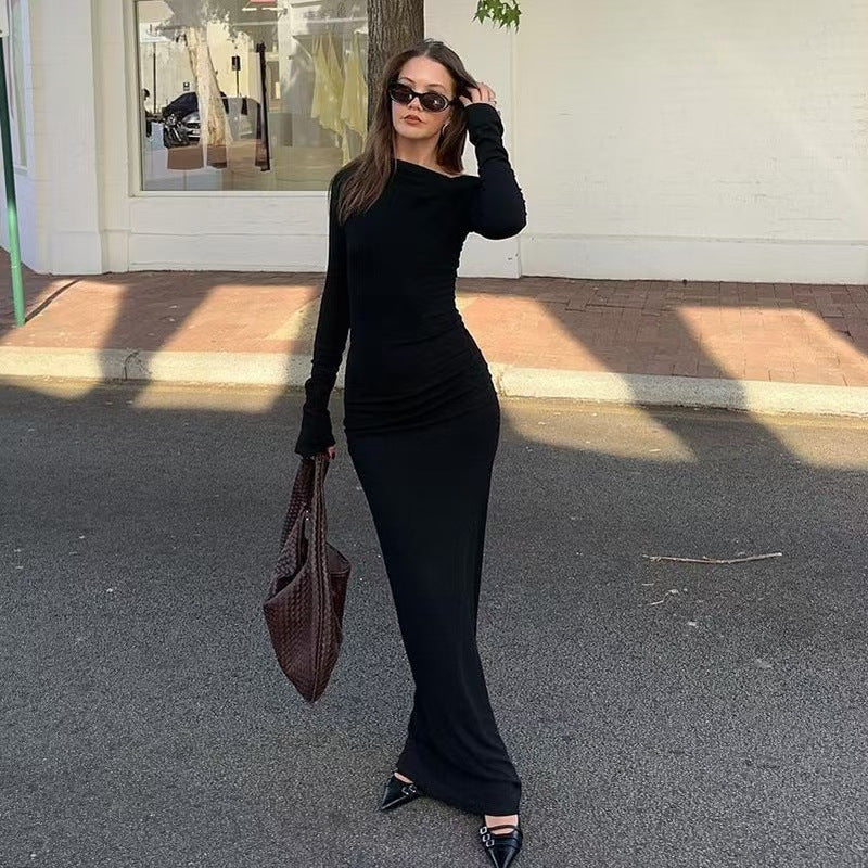 One-Shoulder Long-Sleeve Ruched Maxi Dress