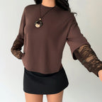 Solid Color Loose Fitting Basic Lace Stitching Long Sleeve round Neck Top Bottoming Shirt Faux Two Piece Women Clothing