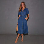 Retro V-Neck Lace-Up Denim Dress Maxi Fashionable French Elegant