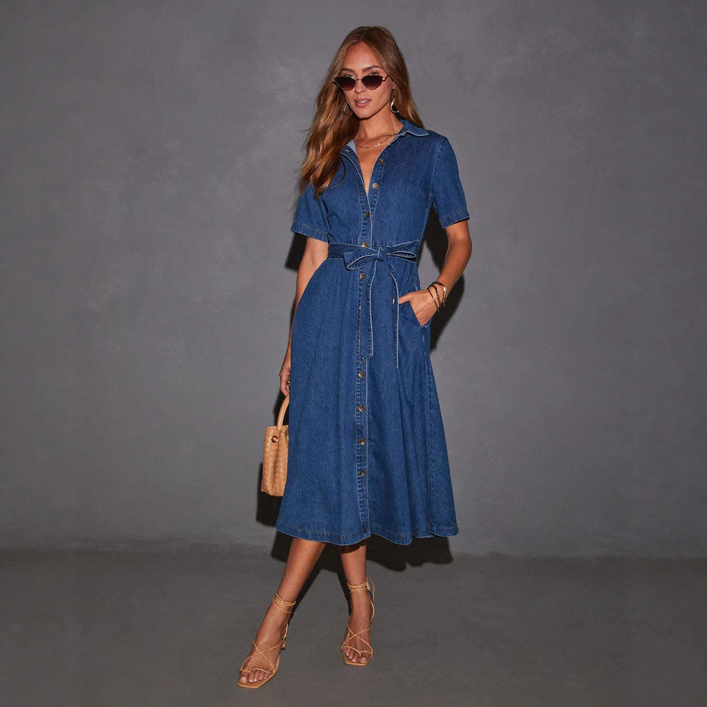 Retro V-Neck Lace-Up Denim Dress Maxi Fashionable French Elegant