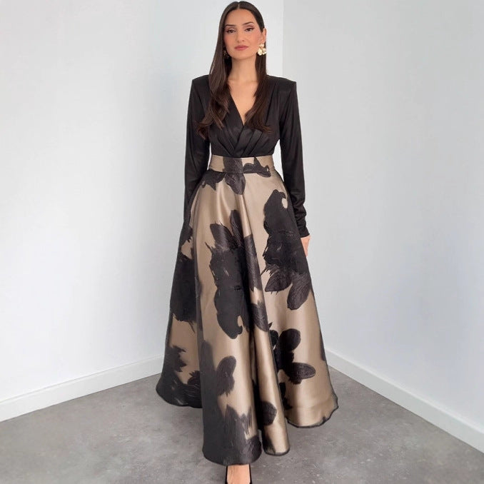 Autumn Printed Waist Controlled Women Long Sleeved Skirt