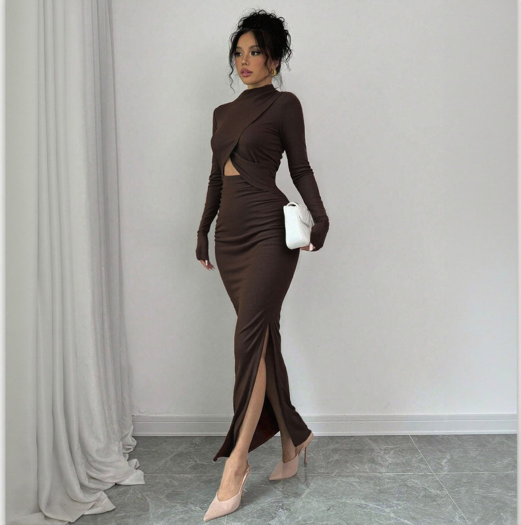 Women's Long Sleeve Split Slim-Fit Midi Dress