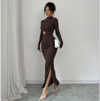 Women's Long Sleeve Split Slim-Fit Midi Dress