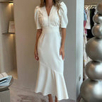 White V-Neck Puff-Sleeve Maxi Dress