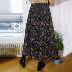 Elastic Waist Print A Line Elegant Floral Pleated Skirt