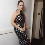 Women's Spring Maxi Dress Black White Plaid Sequin Stitching Halter Floral