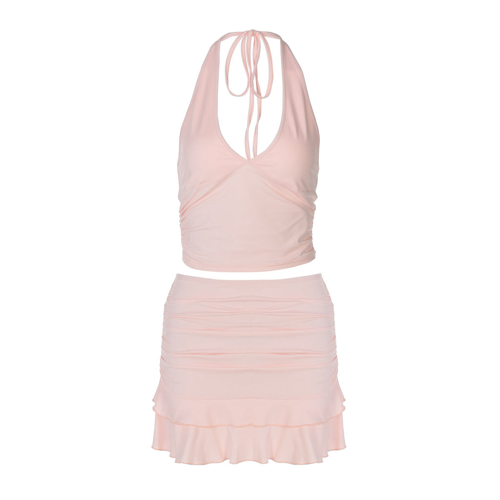 Women's Halter V-Neck Cutout Top And Skirt Two-Piece Set