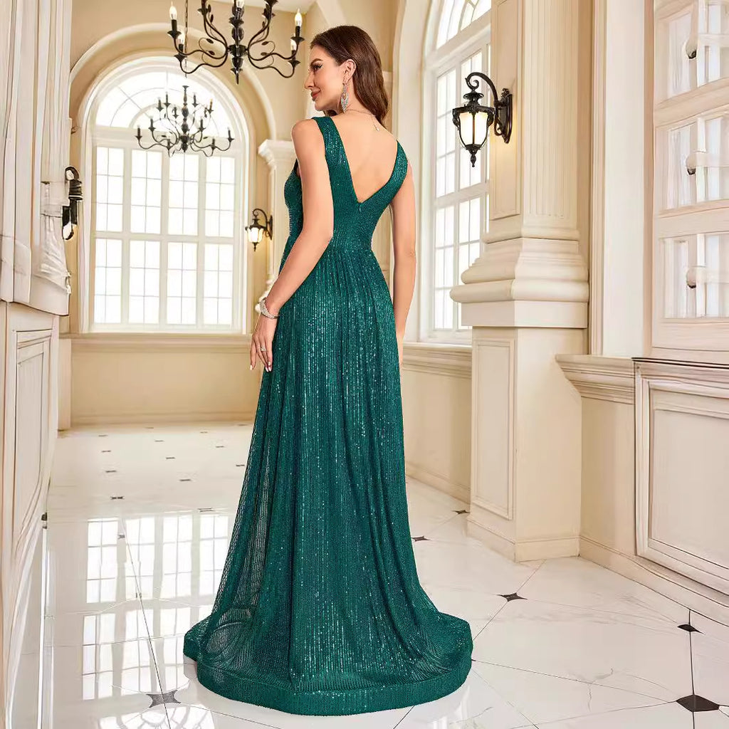 Women's V-Neck Sequin Backless A-Line Maxi Dress