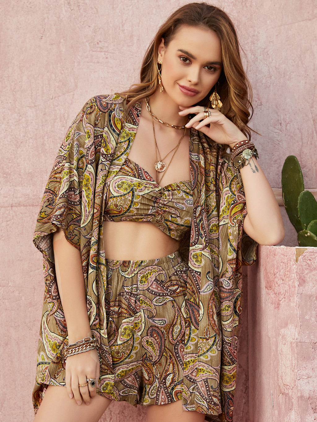 Green Paisley Printing Vacation Skirt Three-Piece Set