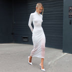 High-Neck Lace-Detail Long-Sleeve Knit Bodycon Maxi Dress
