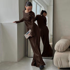Satin Crew-Neck Long-Sleeve Maxi Dress