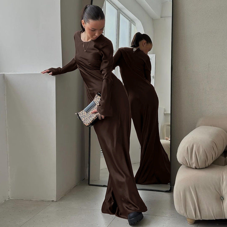 Satin Crew-Neck Long-Sleeve Maxi Dress