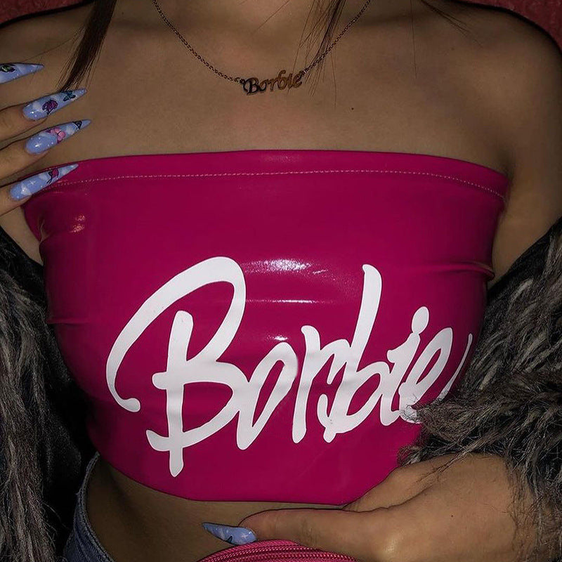 Women Clothing Spring Summer Women Faux Leather Printed Off Neck Sexy Bandeau Vest