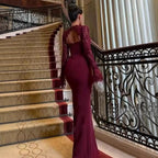 Women's Wine Red Lace Cutout Long Sleeve Maxi Dress