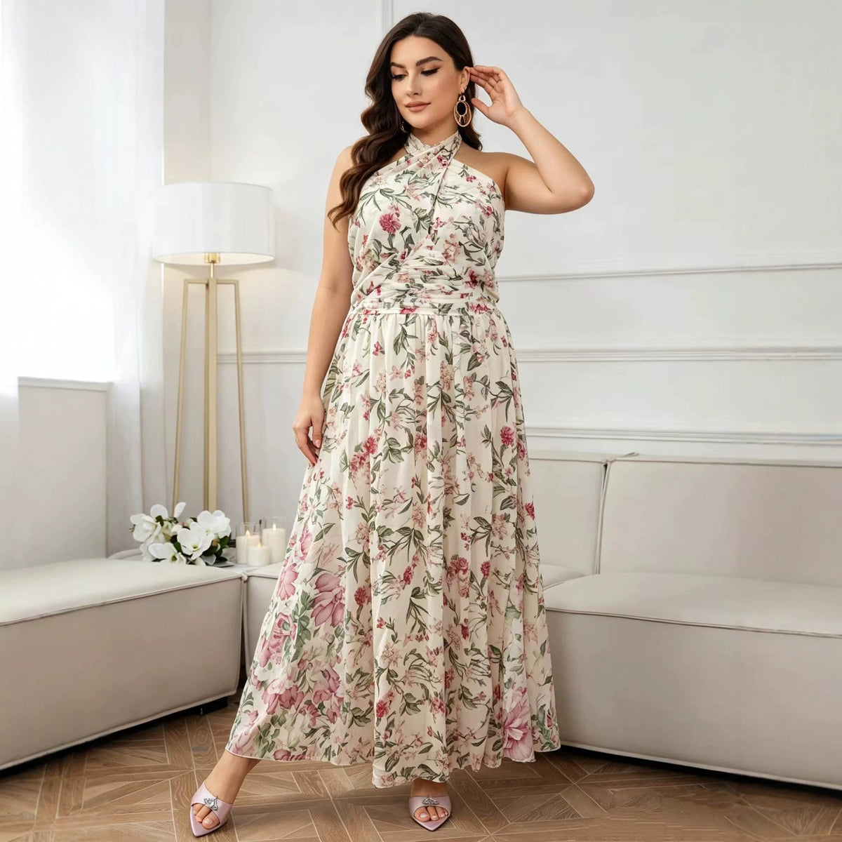Plus Size Sweet Floral Layers Tiered Dress Halter Neck Backless