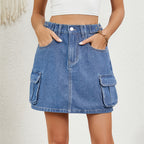 Summer Washed Adjustable Waist Denim Skirt