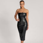 Women's Autumn Winter Solid Color Faux Leather Elegant Slim-Fit Tube Top Dress