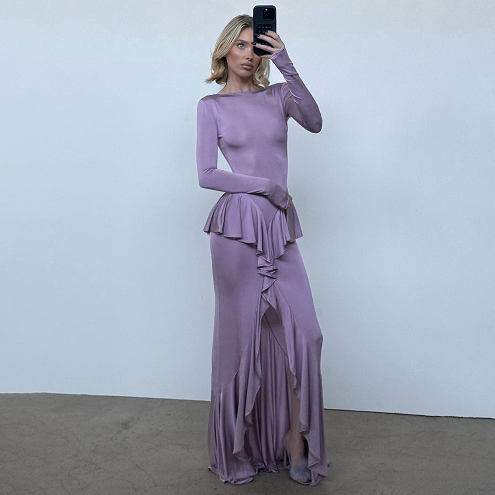 Backless Ruffle Split Long-Sleeve A-Line Maxi Dress