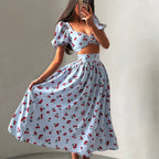 Women's Printed Puff Sleeve Top & Midi Skirt Set