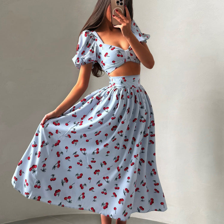 Women's Printed Puff Sleeve Top & Midi Skirt Set