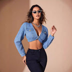 Women's Fitted Long Sleeve Denim Crop Shirt