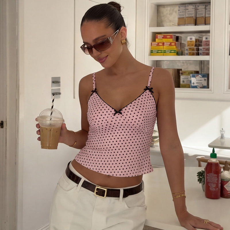 Women's Polka Dot Brace Summer Sexy Deep V Plunge Bow Sleeveless Slim Fit Top