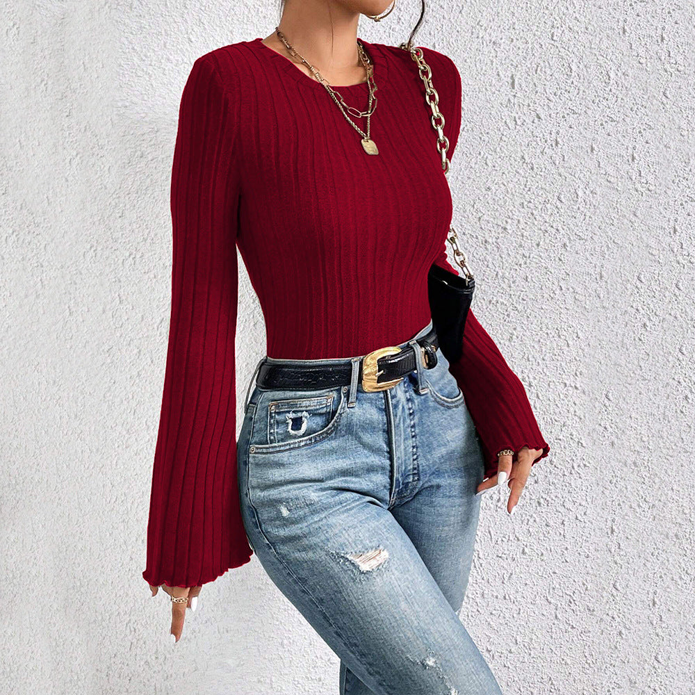 Women's Round Neck Flared Sleeves Wine Red T Shirt Office All