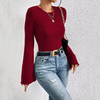 Women's Round Neck Flared Sleeves Wine Red T Shirt Office All