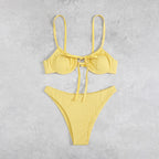 Lemon yellow one-piece swimsuit with underwire cups and tie-front detail