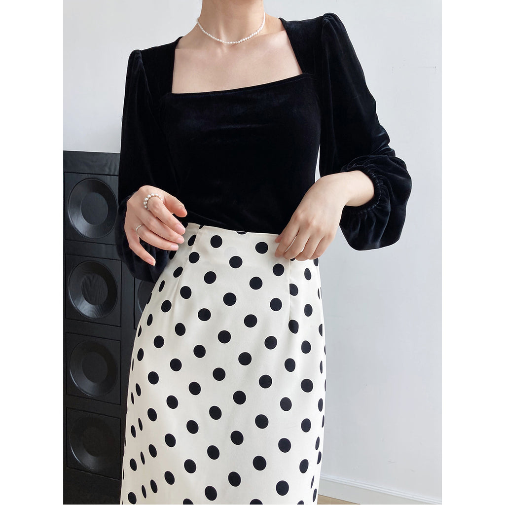 Women's Black Pleuche Square Collar Small Shirt Women Autumn Young Puff Sleeve Shirt Off-Shoulder Top