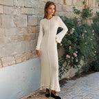 Cotton Ruffle Backless Lace-Up Long-Sleeve Bodycon Maxi Dress