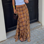 Women's Retro Low Waist Slimming Patchwork Plaid A Line Street Design Casual Skirt