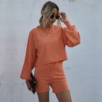Fashionable Stylish Slim Fit Long-Sleeve Solid Color Shorts Two-Piece Set