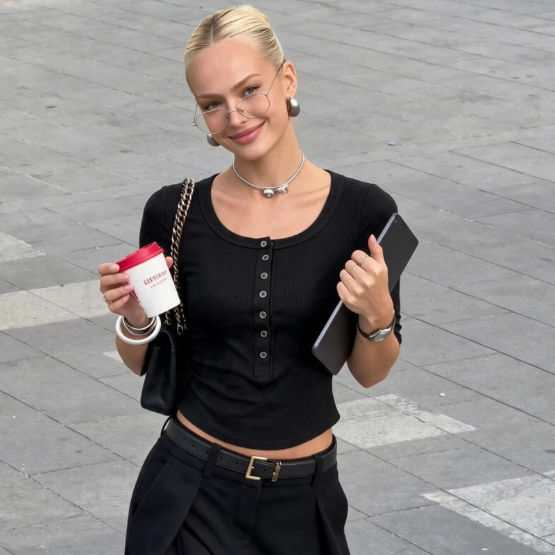 Button-Front Round-Neck Short-Sleeve Top