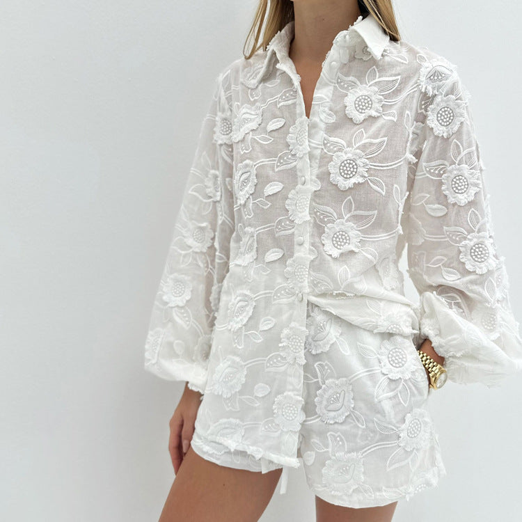 Embroidered Shirt & High-Waist Shorts Set