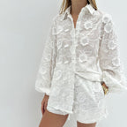 Embroidered Shirt & High-Waist Shorts Set