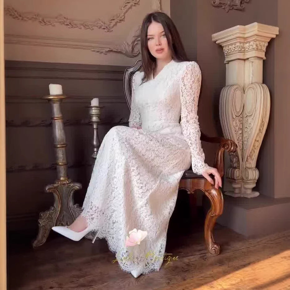 Elegant Soft Long Sleeve Lace Elegant Waist Dress