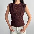 Women Clothing Summer Lace See through round Neck SL Slim